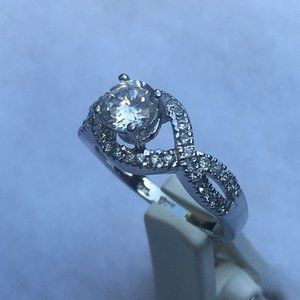 Sterling Silver Ring, CZ Solitaire With Accents, Looping Band Engagement, Size 6